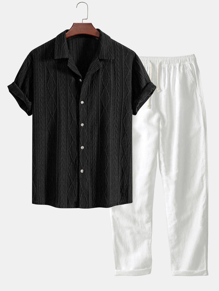 Geometrisch Jacquard Cubaanse Shirt & Rechte Linnen Broek