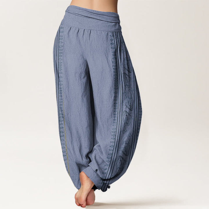 Buddha Stones Cotton Dharma Wheel Lotus OM Pattern Women's Elastic Waist Harem Pants