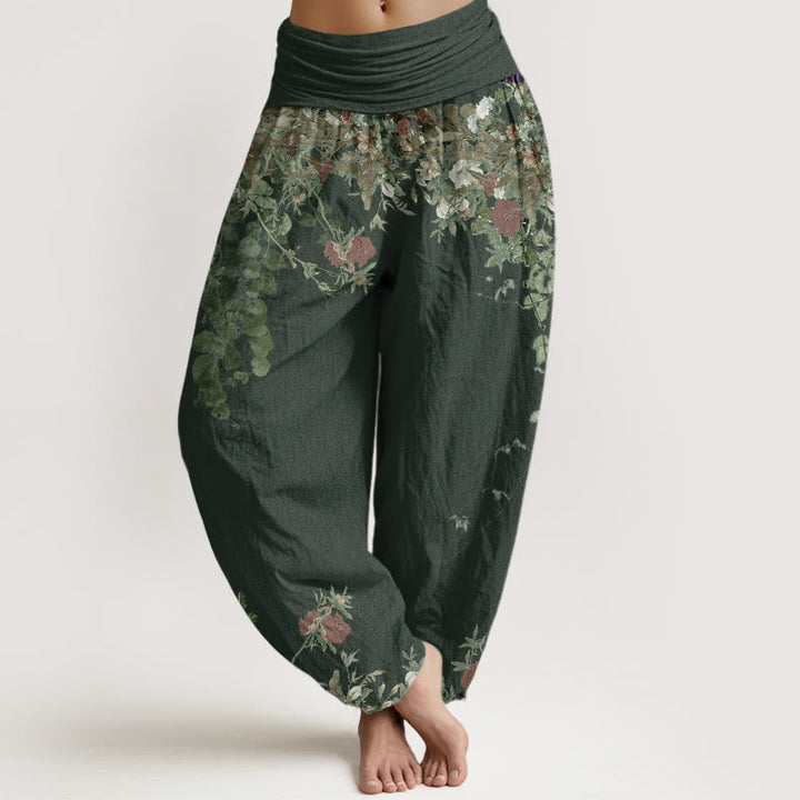 Buddha Stones Cotton Casual Red Peony Flower Vine Design Women's Elastic Waist Harem Pants