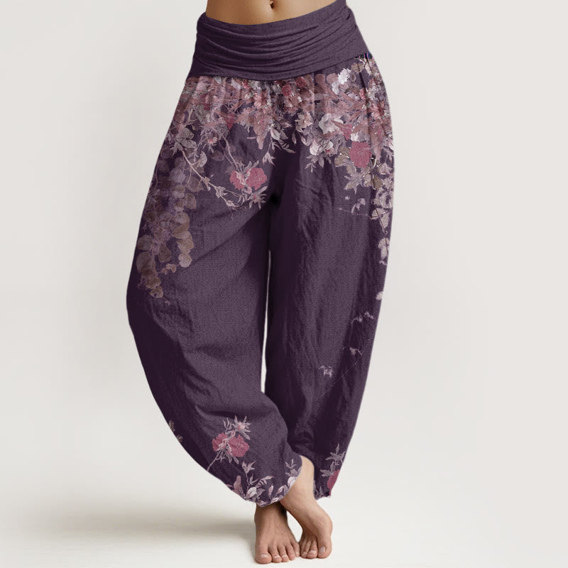 Buddha Stones Cotton Casual Red Peony Flower Vine Design Women's Elastic Waist Harem Pants