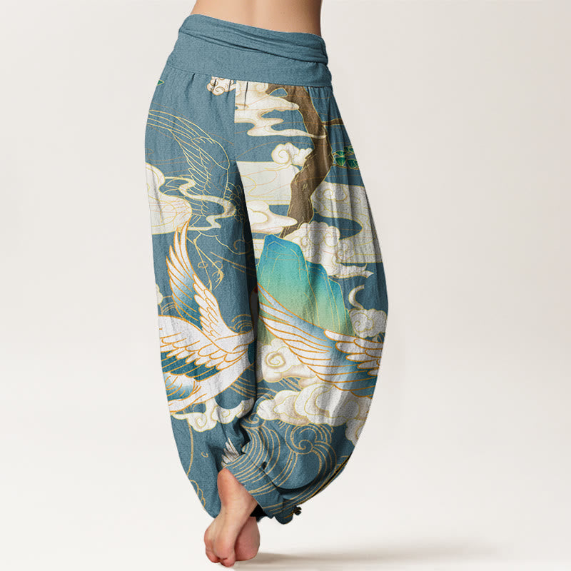 Buddha Stones Cotton Flying Cranes Auspicious Clouds Tree women's Elastic Waist Harem Pants