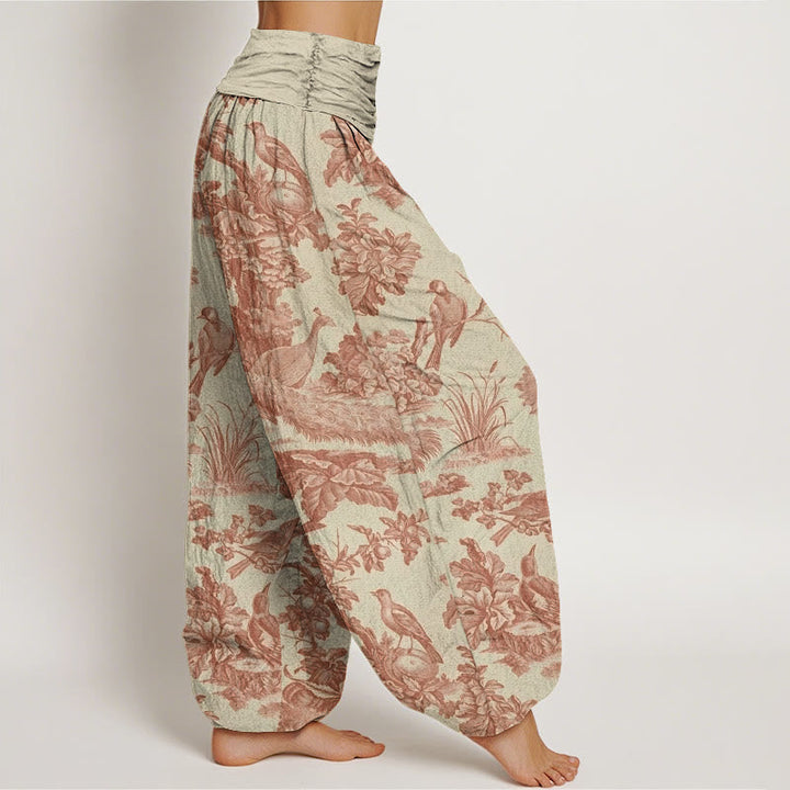 Buddha Stones Cotton Birds Trees Branches Pattern Women's Elastic Waist Harem Pants