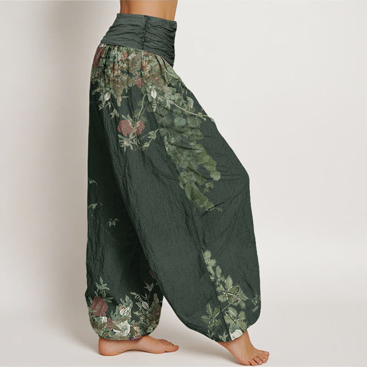Buddha Stones Cotton Casual Red Peony Flower Vine Design Women's Elastic Waist Harem Pants