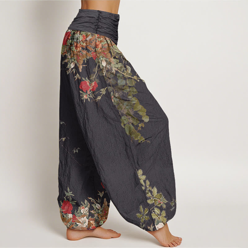 Buddha Stones Cotton Casual Red Peony Flower Vine Design Women's Elastic Waist Harem Pants