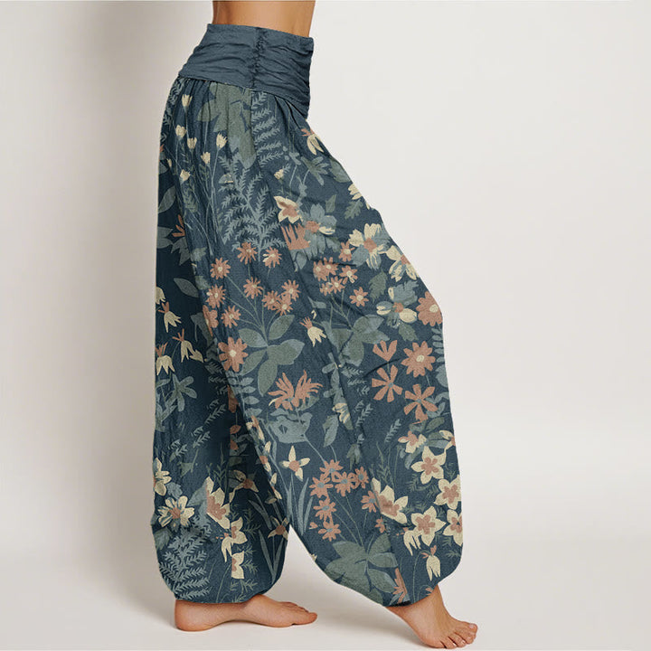 Buddha Stones Cotton Casual Daisy Flowers Leaves Design Women's Elastic Waist Harem Pants