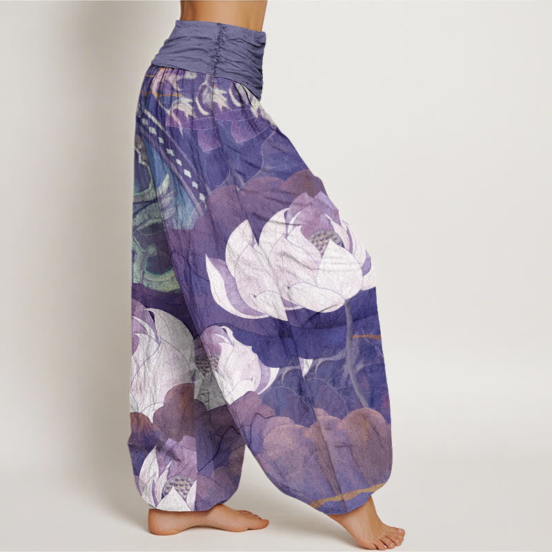 Buddha Stones Cotton White Lotus Leaves Pattern Casual Women's Elastic Waist Harem Pants