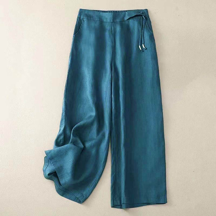 Buddha Stones Casual Solid Color One Button Women's Capri Wide Leg Pants With Pockets
