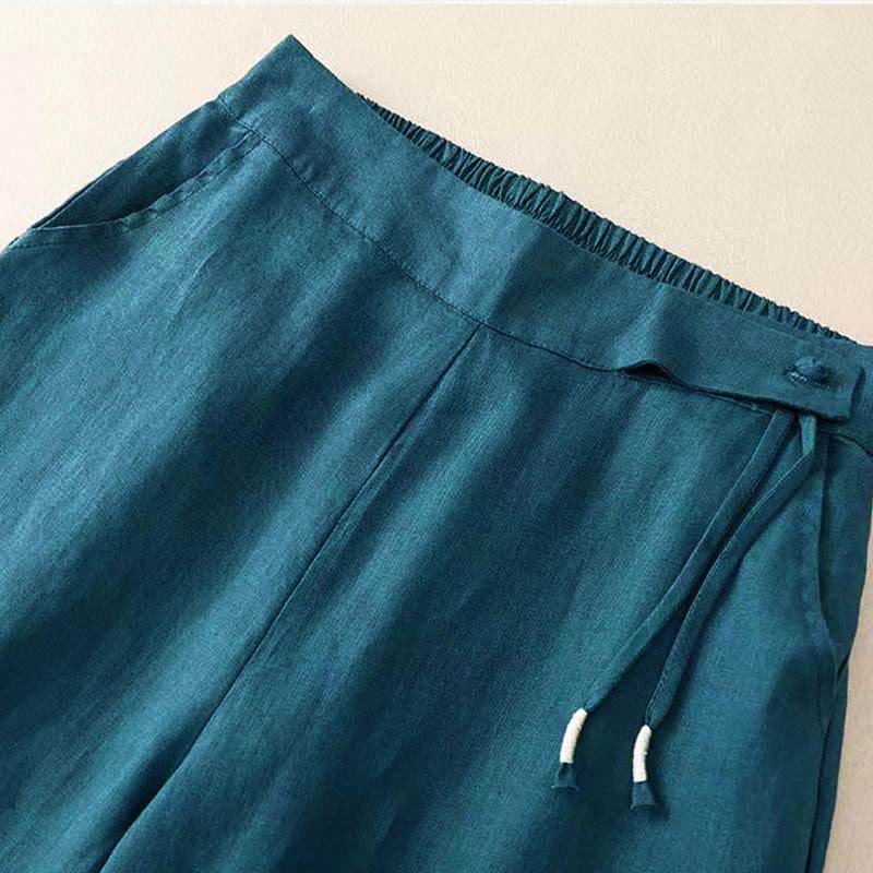 Buddha Stones Casual Solid Color One Button Women's Capri Wide Leg Pants With Pockets