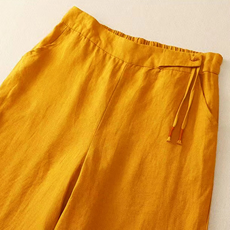Buddha Stones Casual Solid Color One Button Women's Capri Wide Leg Pants With Pockets