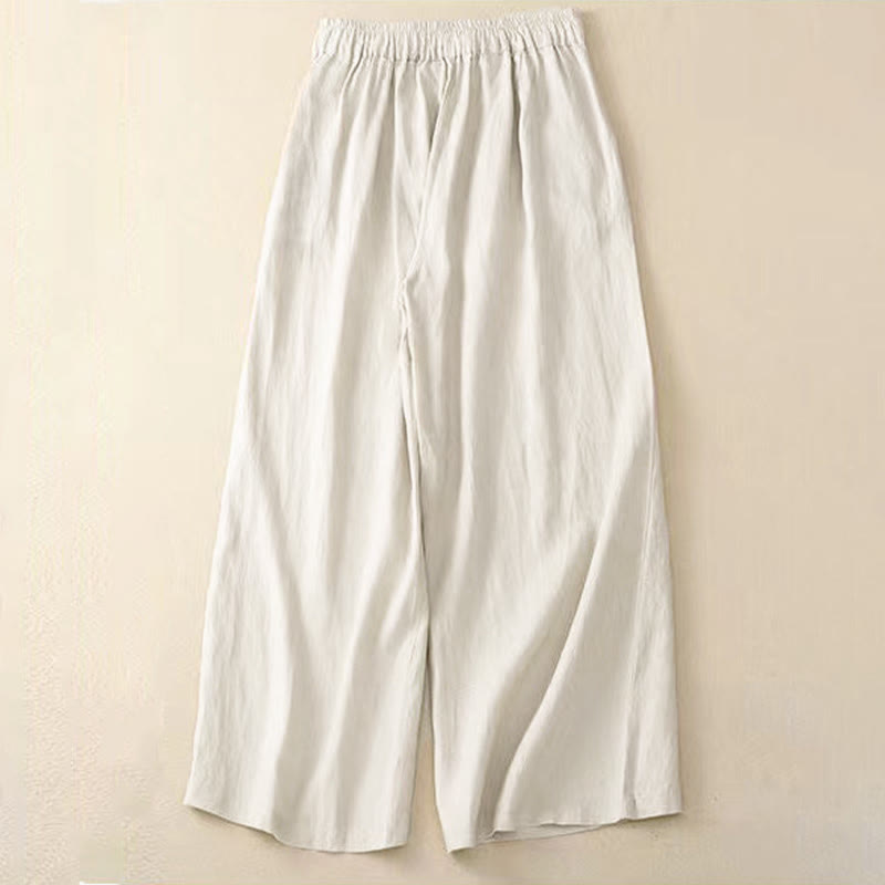 Buddha Stones Casual Solid Color One Button Women's Capri Wide Leg Pants With Pockets