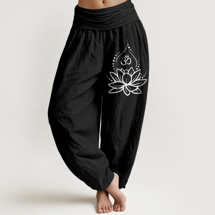 Buddha Stones Blooming Lotus Om Symbol Pattern Women's Elastic Waist Harem Cotton Pants