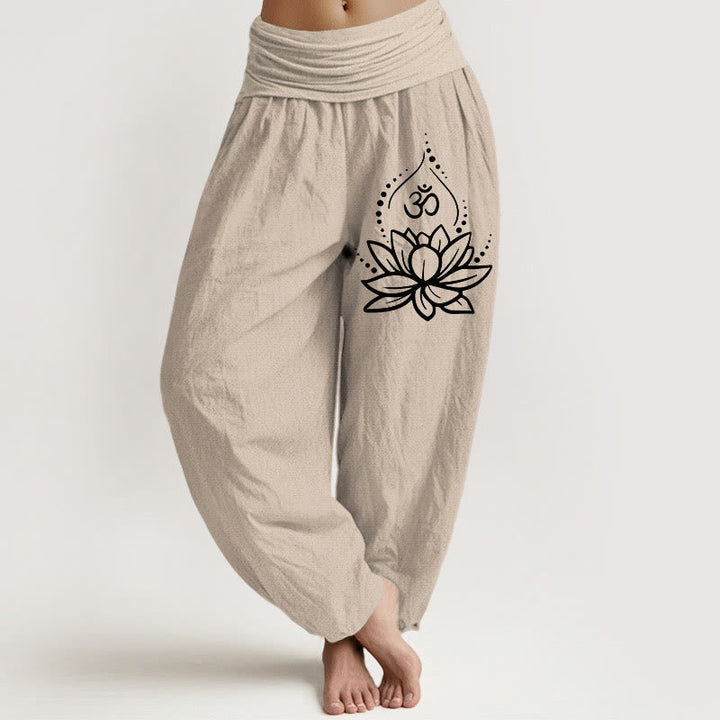 Buddha Stones Blooming Lotus Om Symbol Pattern Women's Elastic Waist Harem Cotton Pants