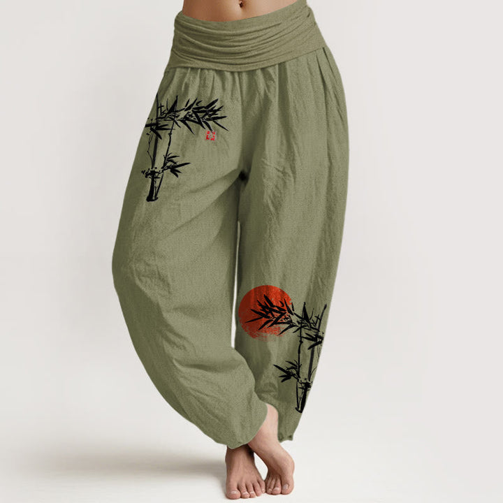Buddha Stones Bamboo Leaves Red Sun Pattern Women's Elastic Waist Harem Pure Cotton Pants