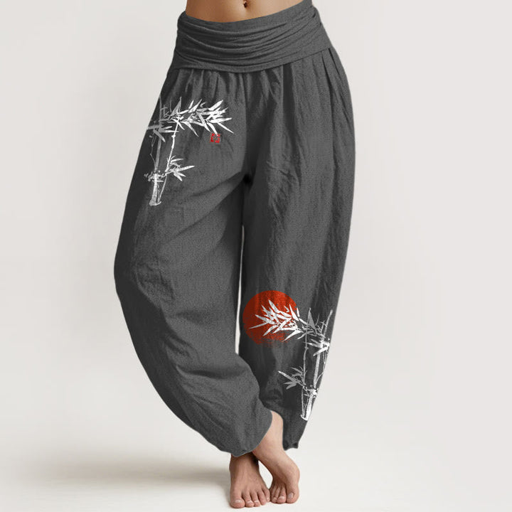 Buddha Stones Bamboo Leaves Red Sun Pattern Women's Elastic Waist Harem Pure Cotton Pants