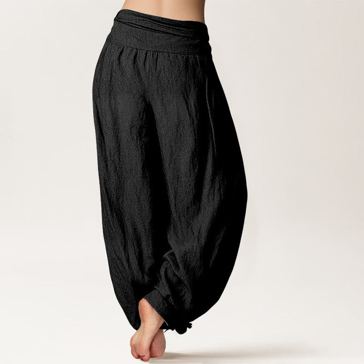 Buddha Stones Bamboo Leaves Red Sun Pattern Women's Elastic Waist Harem Pure Cotton Pants