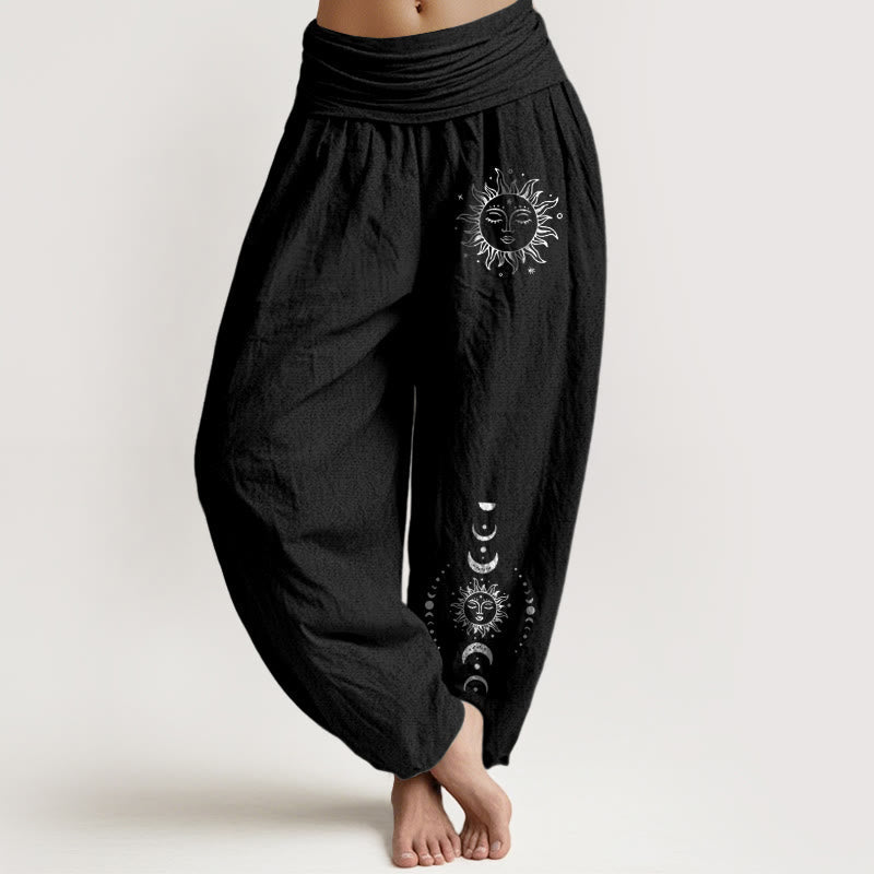 Buddha Stones Sun Moon Stars Pattern Women's Elastic Waist Harem Pure Cotton Pants