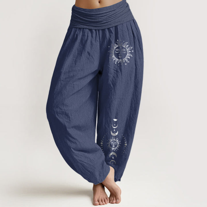 Buddha Stones Sun Moon Stars Pattern Women's Elastic Waist Harem Pure Cotton Pants