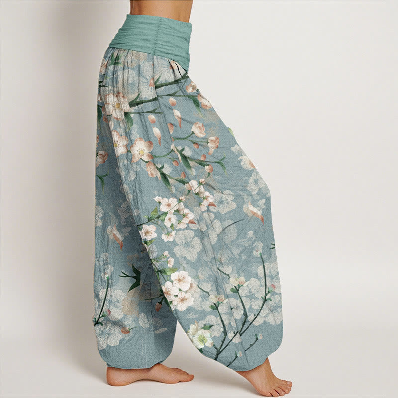Buddha Stones Pure Cotton Peach Blossoms Flying Geese Pattern Women's Elastic Waist Harem Pants