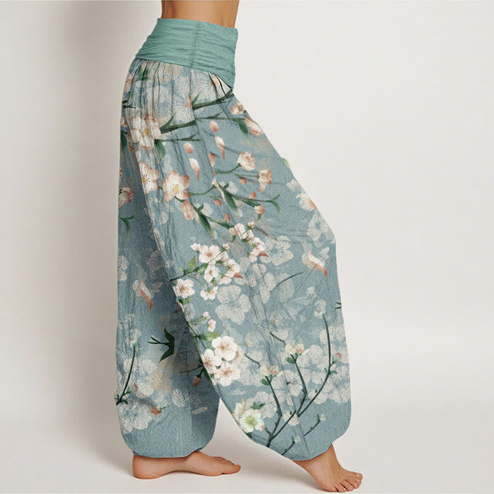 Buddha Stones Pure Cotton Peach Blossoms Flying Geese Pattern Women's Elastic Waist Harem Pants