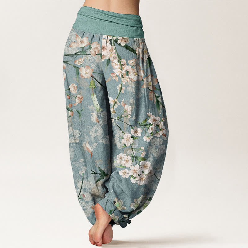 Buddha Stones Pure Cotton Peach Blossoms Flying Geese Pattern Women's Elastic Waist Harem Pants