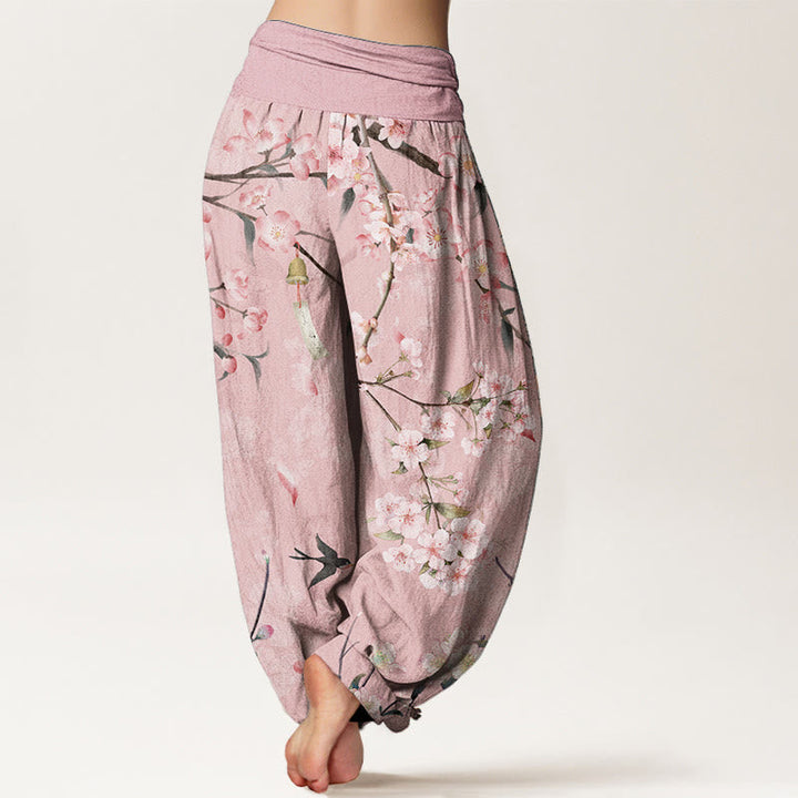 Buddha Stones Pure Cotton Peach Blossoms Flying Geese Pattern Women's Elastic Waist Harem Pants