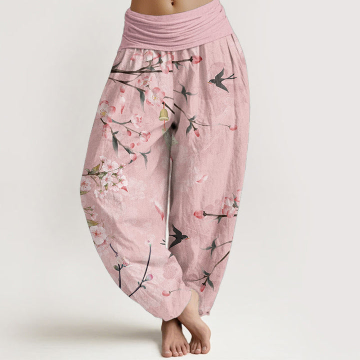 Buddha Stones Pure Cotton Peach Blossoms Flying Geese Pattern Women's Elastic Waist Harem Pants