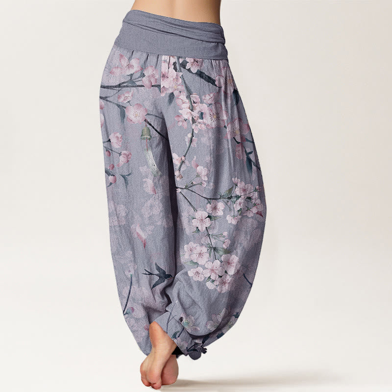 Buddha Stones Pure Cotton Peach Blossoms Flying Geese Pattern Women's Elastic Waist Harem Pants