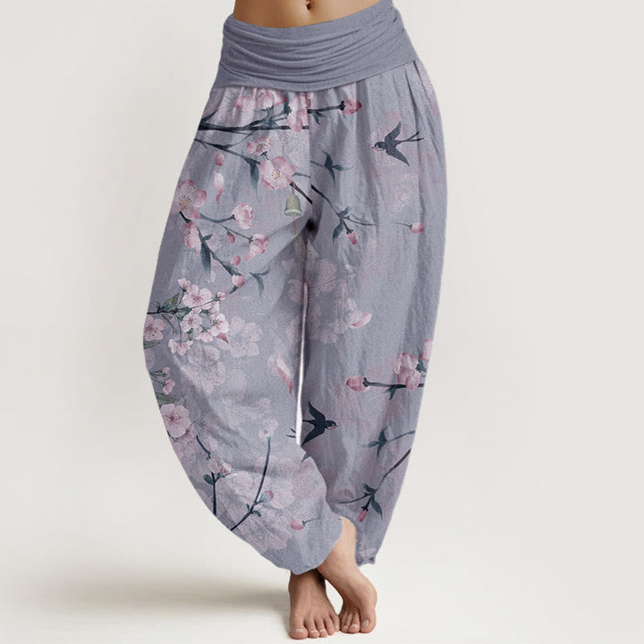 Buddha Stones Pure Cotton Peach Blossoms Flying Geese Pattern Women's Elastic Waist Harem Pants