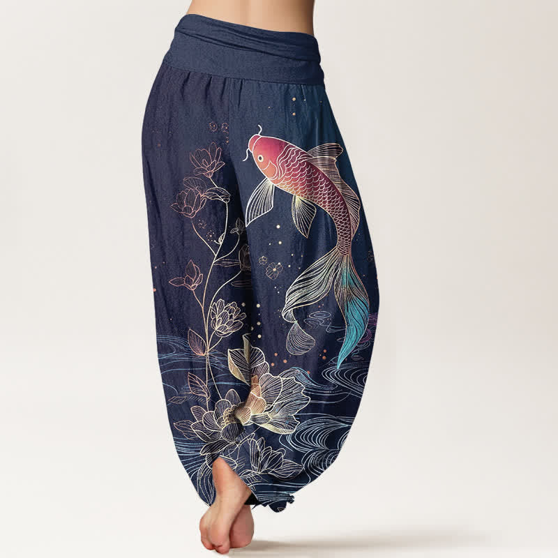 Buddha Stones Lotus Koi Fish Pattern Women's Elastic Waist Pure Cotton Harem Pants