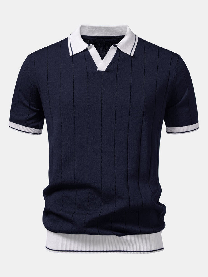 Contrast Trim Ribbed Johnny Collar Knit Polo & Elastic Waist Straight Leg Trousers