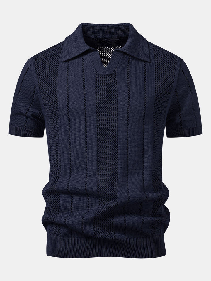 Johnny Collar Striped Open Knit Polo & Straight Leg Linen Pants