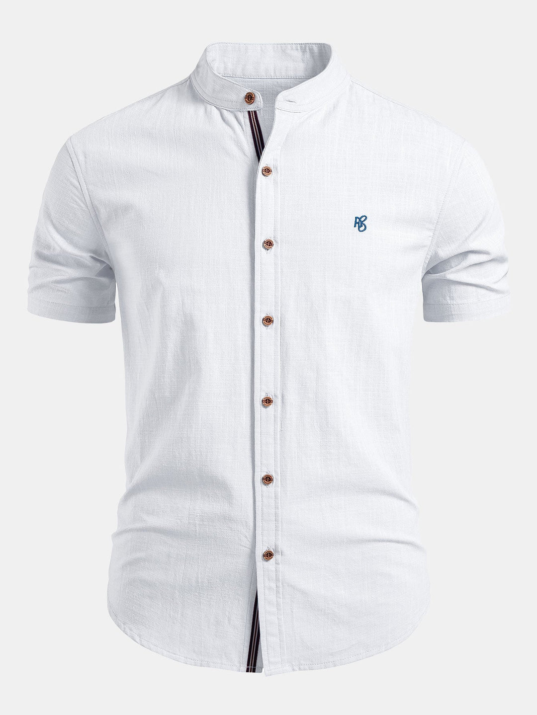 Short Sleeve Linen Look Stand Collar Shirt & Straight Leg Linen Pants