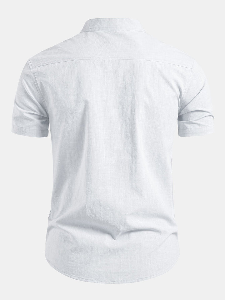 Short Sleeve Linen Look Stand Collar Shirt & Crinkle Textured Straight Leg Pants