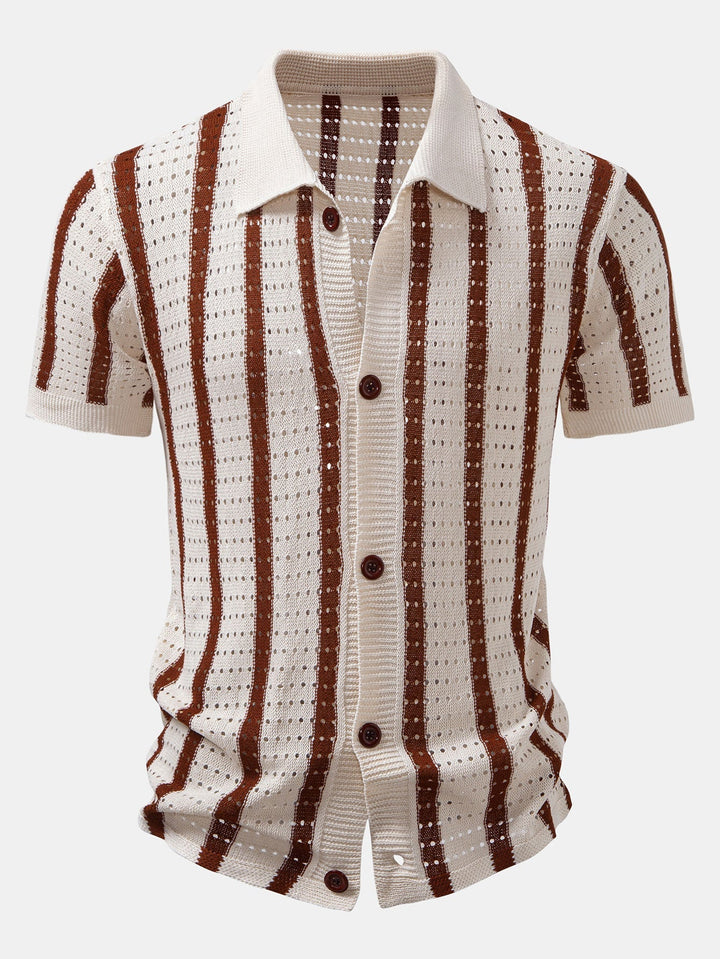 Stripe Open Knit Shirt & Crinkle Textured Drawstring 5" Shorts
