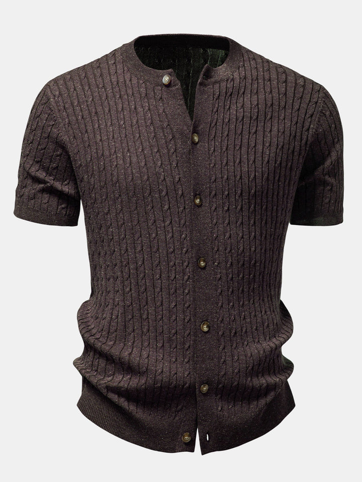 Twisted Jacquard Crew Neck Button Up Knit Shirt & Slim Fit Tapered Trousers