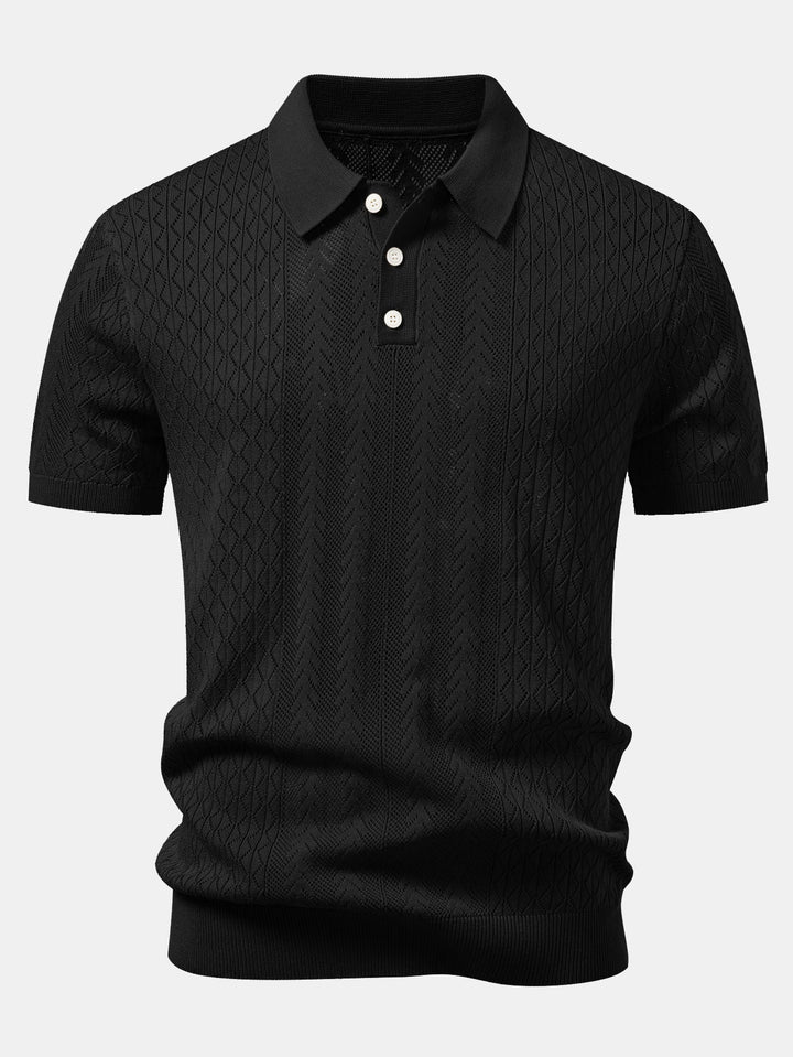 Geometric Jacquard Open Knit Polo & Crinkle Textured Straight Leg Pants