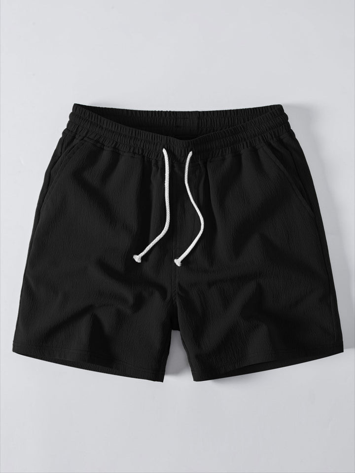 Stripe Open Knit Shirt & Crinkle Textured Drawstring 5" Shorts