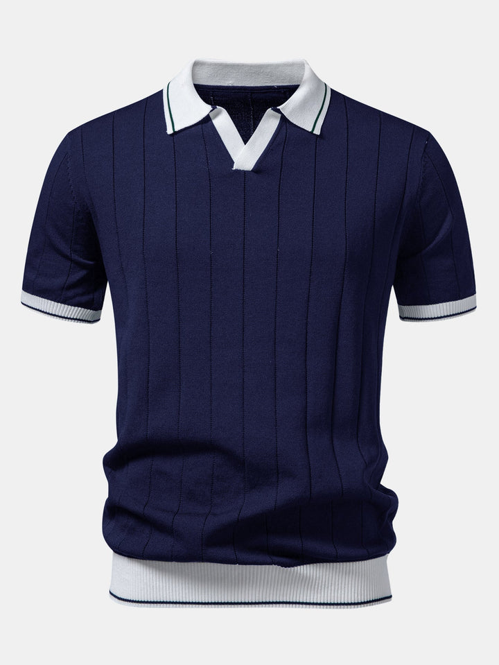 Contrast Trim Ribbed Johnny Collar Knit Polo & Slim Fit Tapered Trousers