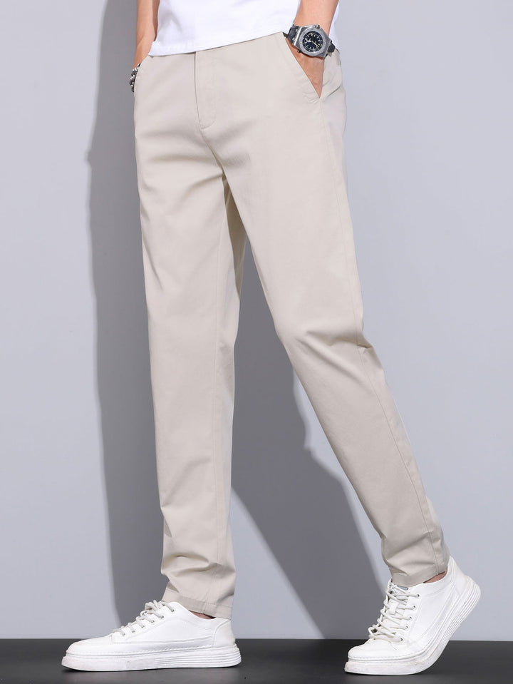 Contrast Trim Ribbed Johnny Collar Knit Polo & Elastic Waist Straight Leg Trousers