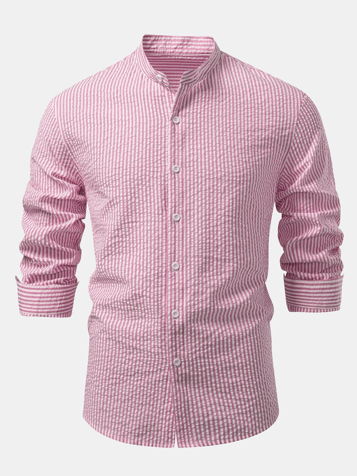 Striped Seersucker Shirt with High Collar