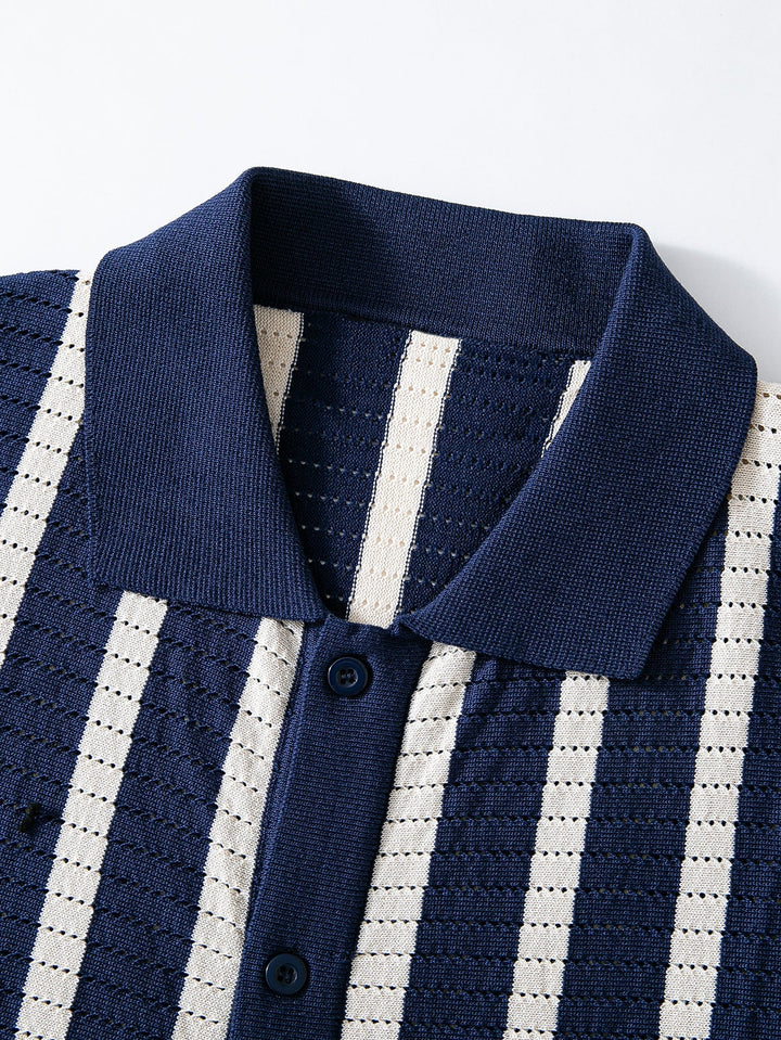Stripe Button Up Knit Shirt & Straight Leg Linen Pants