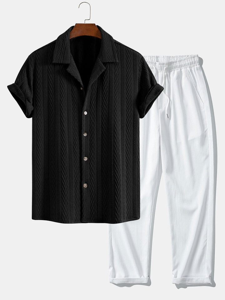 Textuur Jacquard Cubaanse Shirt & Kreukel Textuur Rechte Pantalon
