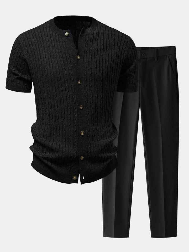 Twisted Jacquard Crew Neck Button Up Knit Shirt & Slim Fit Tapered Trousers