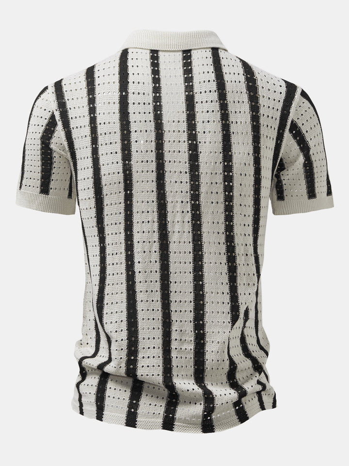 Stripe Open Knit Shirt & Crinkle Textured Drawstring 5" Shorts