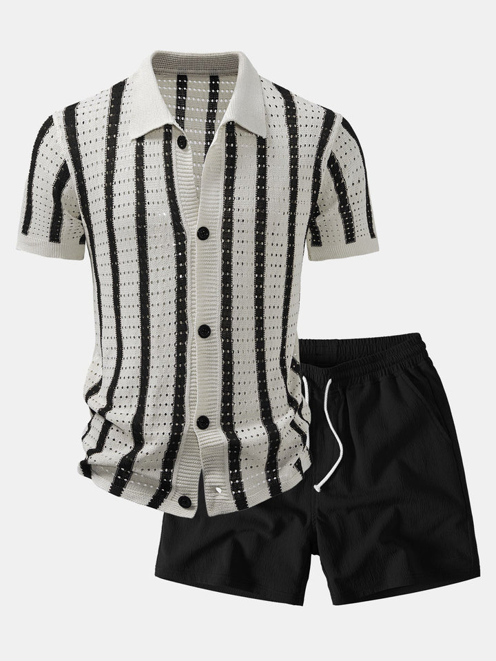 Stripe Open Knit Shirt & Crinkle Textured Drawstring 5" Shorts