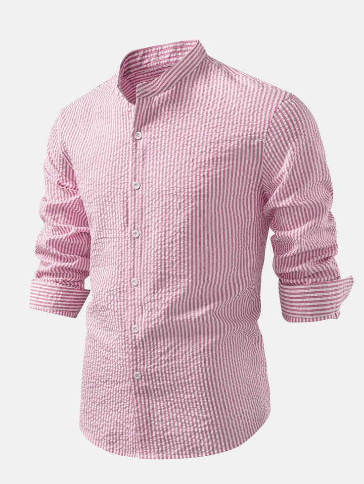 Striped Seersucker Shirt with High Collar