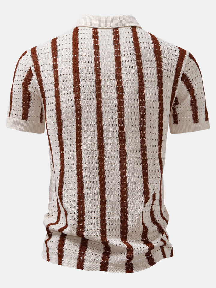 Stripe Open Knit Shirt & Crinkle Textured Drawstring 5" Shorts