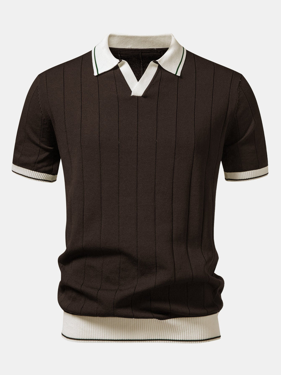 Contrast Trim Ribbed Johnny Collar Knit Polo & Elastic Waist Straight Leg Trousers