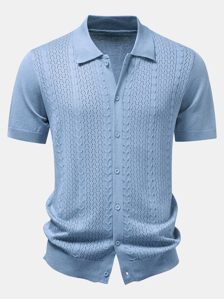 Twisted Jacquard Button Up Knit Shirt & Crinkle Textured Drawstring 5" Shorts