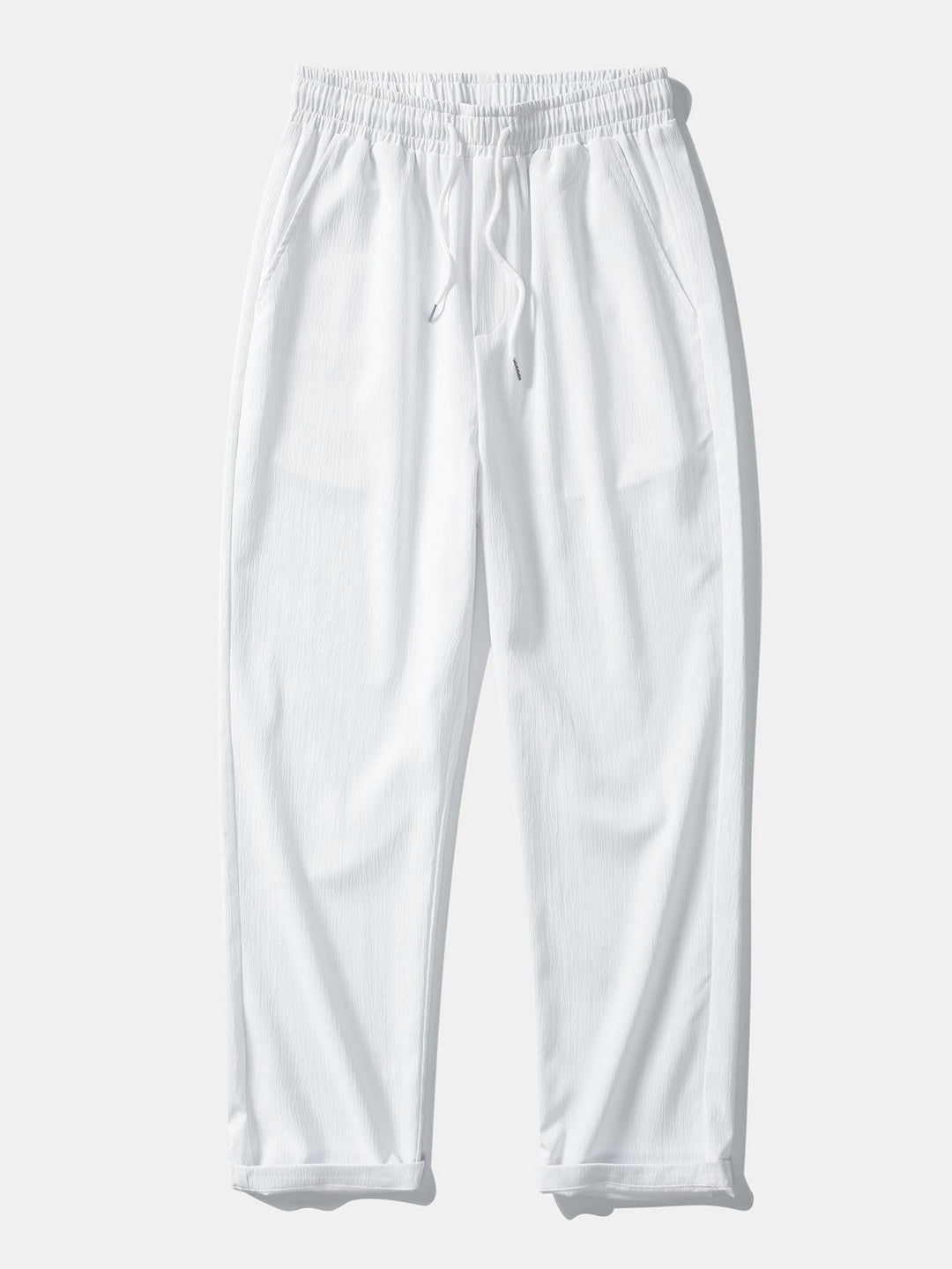 Short Sleeve Linen Look Stand Collar Shirt & Crinkle Textured Straight Leg Pants